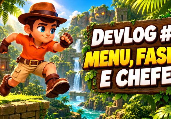 DevLog #1: aventureiro 3D em uma selva tropical com ruínas e golem de pedra ao fundo