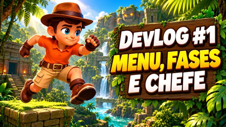 DevLog #1: aventureiro 3D em uma selva tropical com ruínas e golem de pedra ao fundo