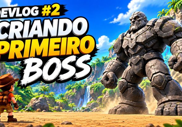 DevLog #2: aventureiro enfrenta um gigantesco golem de pedra em uma arena tropical