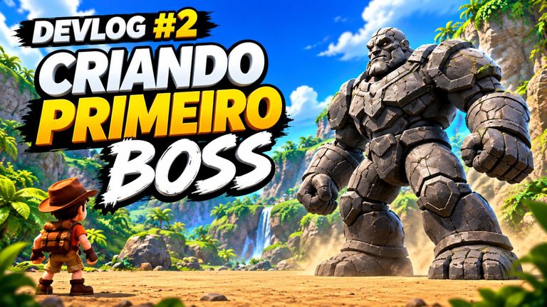 DevLog #2: aventureiro enfrenta um gigantesco golem de pedra em uma arena tropical